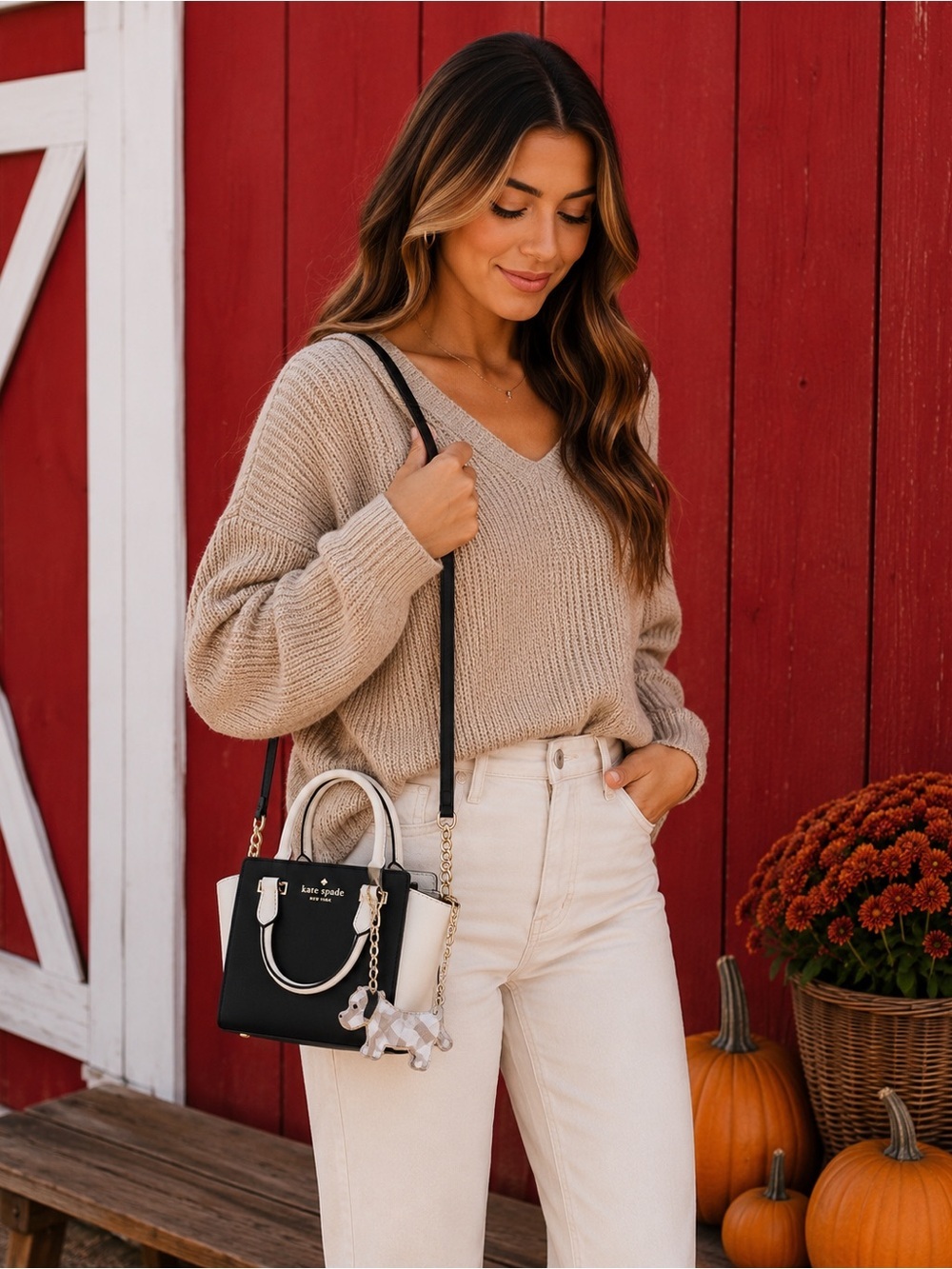 Kate Spade Cedar Street Small Hayden Black Cream Satchel + Dog Charm